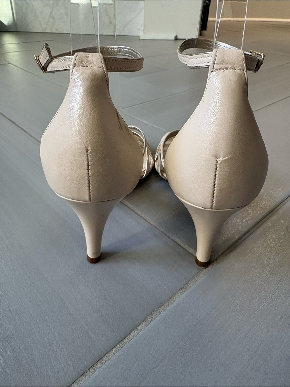 ANTONIO MELANI Blair Sandals | Bone & Silver Strappy Open-Toe Heels - Picture 6 of 9